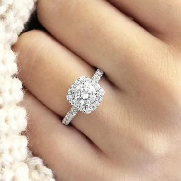 3/$35 White Gold Plated Cushion-Cut Halo Ring Cubic Zirconia Diamond Gemstone - Picture 1 of 6